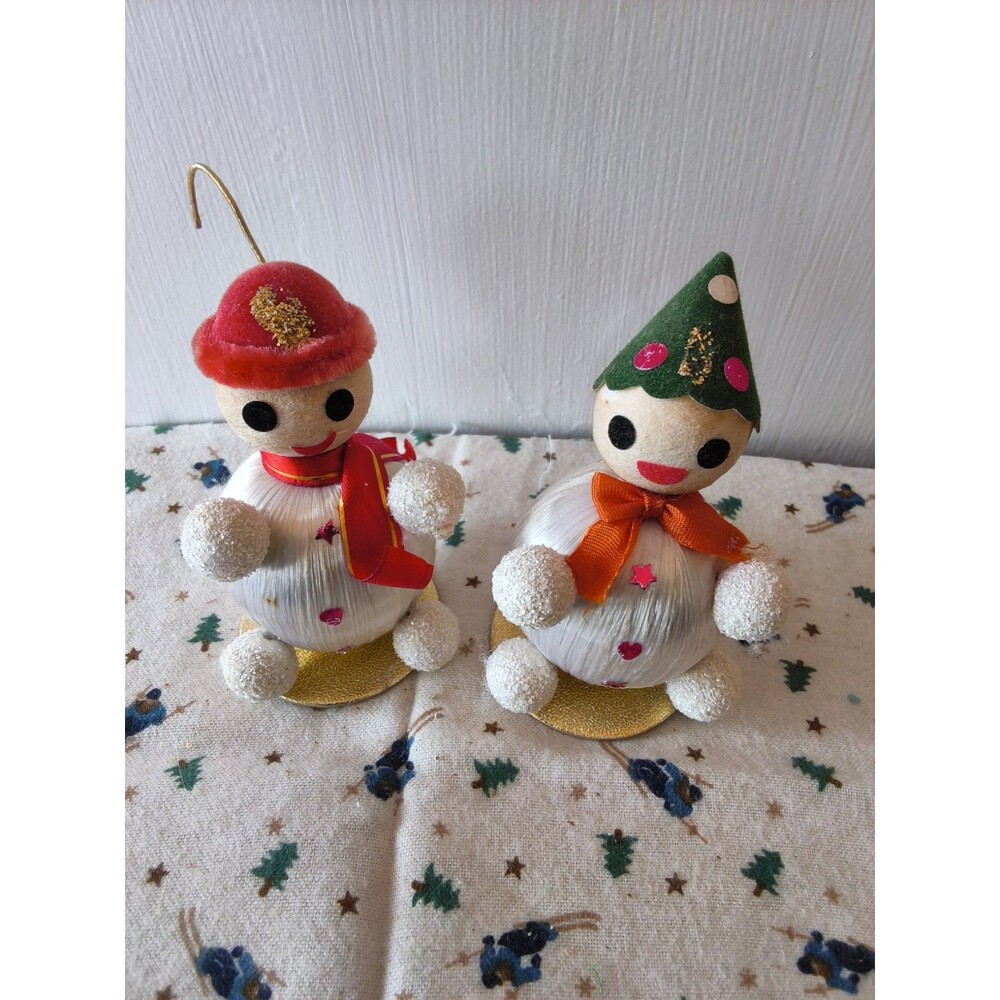 Vintage Japan Spun Satin Snowman Figures Ornaments Hat Red Bow Hooks LOT OF 2